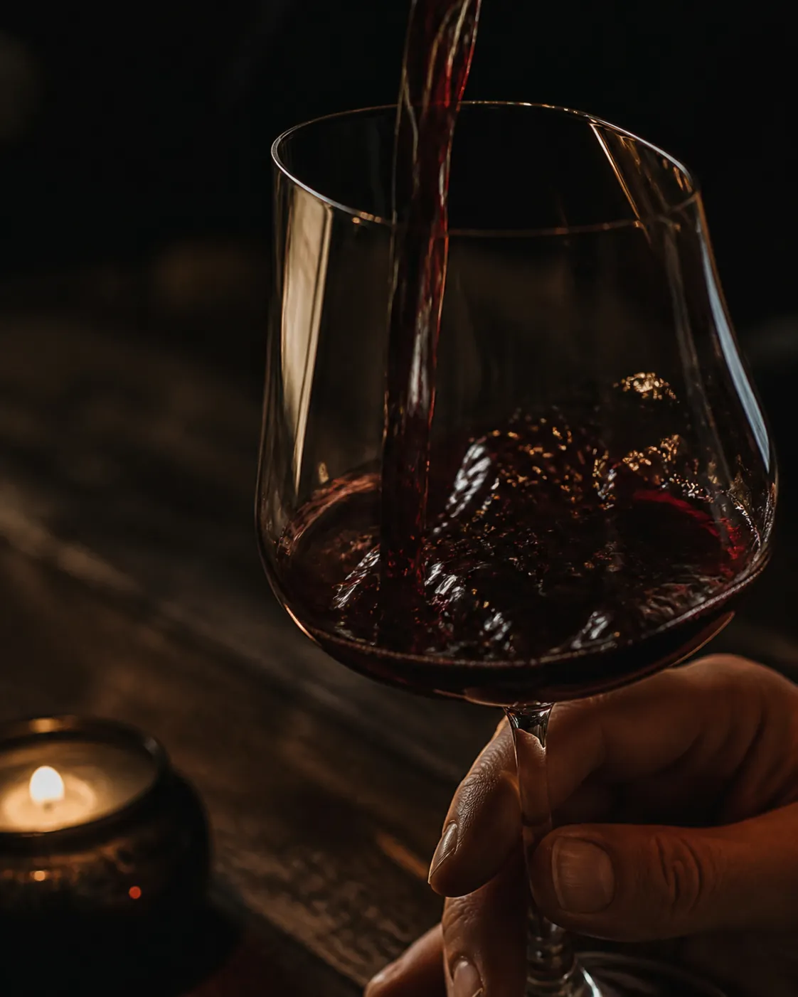 Red wine poured into a fine glass by candlelight