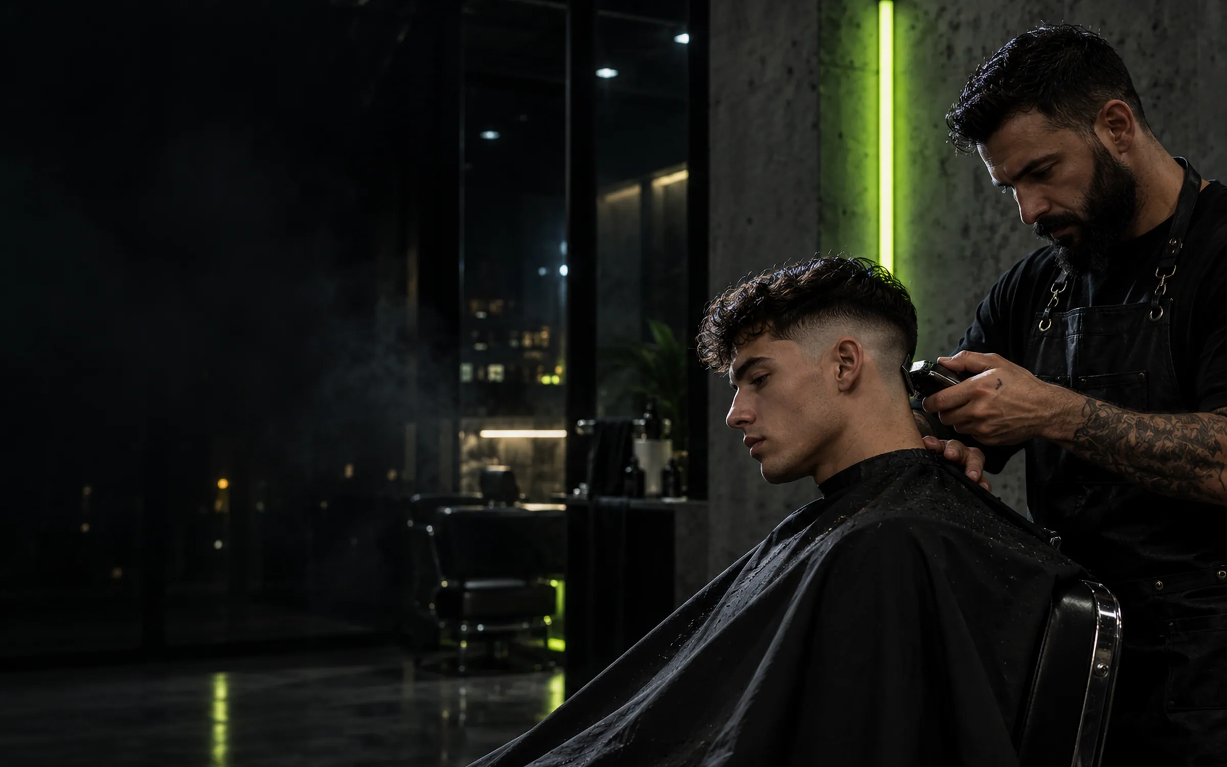 Барбер завершує skin fade у нічному барбершопі Fade Lab з неоновою трубкою